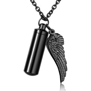 xiuda urn necklace for ashes with angel wing cremation jewelry for ashes cylinder pendant necklaces for ashes(black)