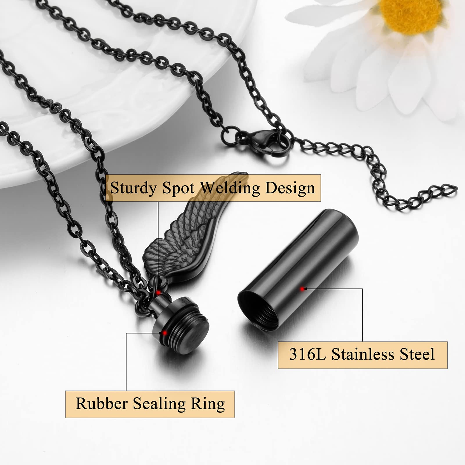 XIUDA Urn Necklace for Ashes with Angel Wing Cremation Jewelry for Ashes Cylinder Pendant Necklaces for Ashes(Black)