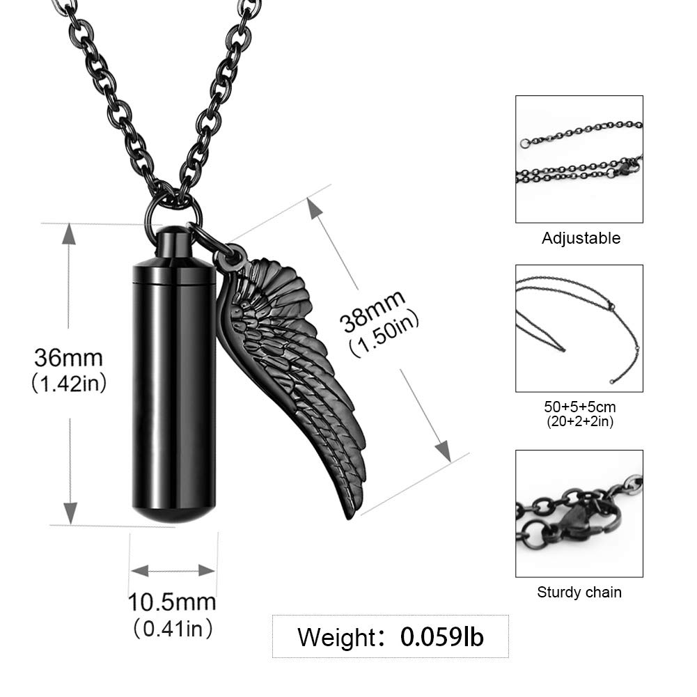 XIUDA Urn Necklace for Ashes with Angel Wing Cremation Jewelry for Ashes Cylinder Pendant Necklaces for Ashes(Black)