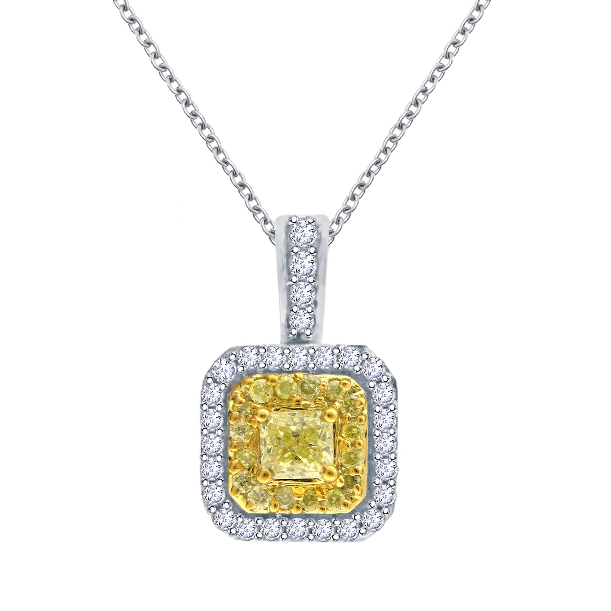 Beyond Brilliance 1/5 Carat, Prong-set, 14K White Gold Princess Cut & Round Cut with Yellow and White Diamond Pendant Necklace (H-I, I1-I2) Natural Diamond Pendant For Women