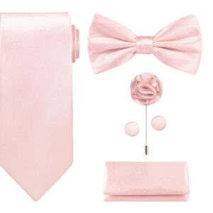 TIE G 5pcs Tie Set in Gift Box : Solid Color Necktie, Satin Bow Tie, Pocket Square, Lapel, Cuff Links (Blush Pink)