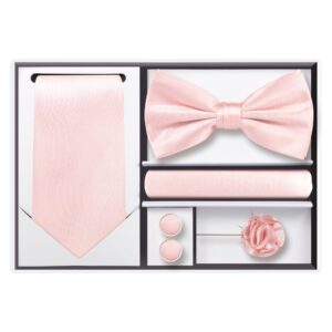 TIE G 5pcs Tie Set in Gift Box : Solid Color Necktie, Satin Bow Tie, Pocket Square, Lapel, Cuff Links (Blush Pink)