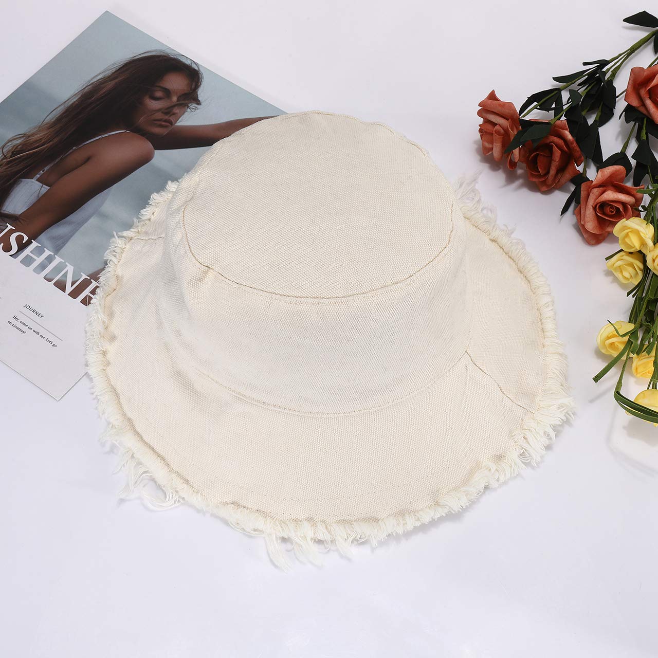 boderier Sun Hats for Women Summer Casual Wide Brim Cotton Bucket Hat Beach Vacation Travel Accessories (Beige)