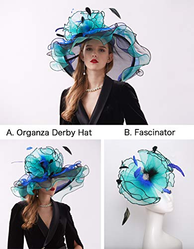 ORIDOOR Women Hats Headband Hairpin Organza Fascinator Church Hat Floral Tea Party Wedding Hat for Ladies, 003a Blue and Green …