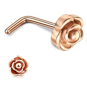 Tvoip 6Pcs 20G Titanium Nose Stud L Bone Shape Elegant Rose Flower Charm Nose Ring Earring Silver Hoop Stud Body Piercing Jewelry