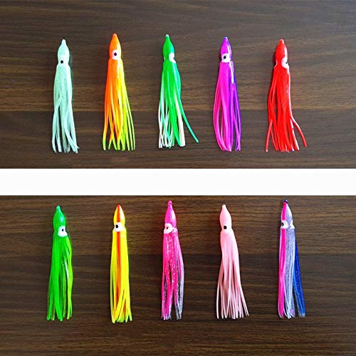 Pack of 50pcs Glow Soft Plastic Octopus Squid Skirt Fishing Lures Hoochies Trolling Saltwater Soft Fishing Lures Set for Bass Salmon Trout 3.94 inch 10 Colors Included