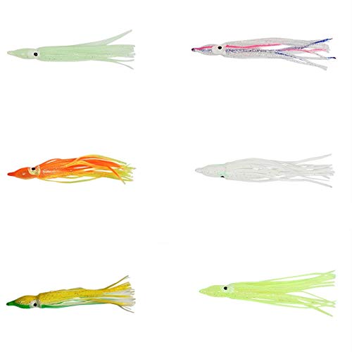 Pack of 50pcs Glow Soft Plastic Octopus Squid Skirt Fishing Lures Hoochies Trolling Saltwater Soft Fishing Lures Set for Bass Salmon Trout 3.94 inch 10 Colors Included