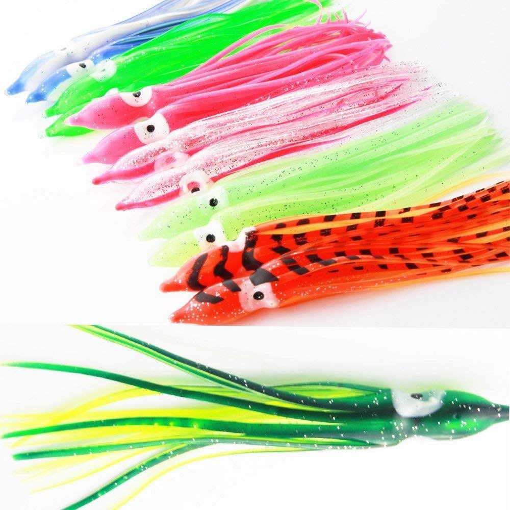 Pack of 50pcs Glow Soft Plastic Octopus Squid Skirt Fishing Lures Hoochies Trolling Saltwater Soft Fishing Lures Set for Bass Salmon Trout 3.94 inch 10 Colors Included