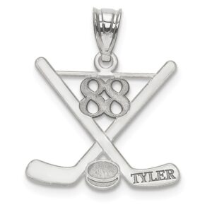 personalized laser polished custom name and number hockey pendant made in sterling silver from roy rose jewelry