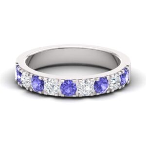 Diamondere Natural and Certified Tanzanite and Diamond Wedding Ring in 14K White Gold | 0.92 Carat Half Eternity Stackable Band for Women, US Size 6.5