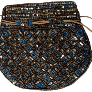 Purpledip Women's Potli Bag (Clutch, Drawstring Purse): Intricate Gold Thread & Sequin Embroidery Satchel, Firozi Turquoise (11806)