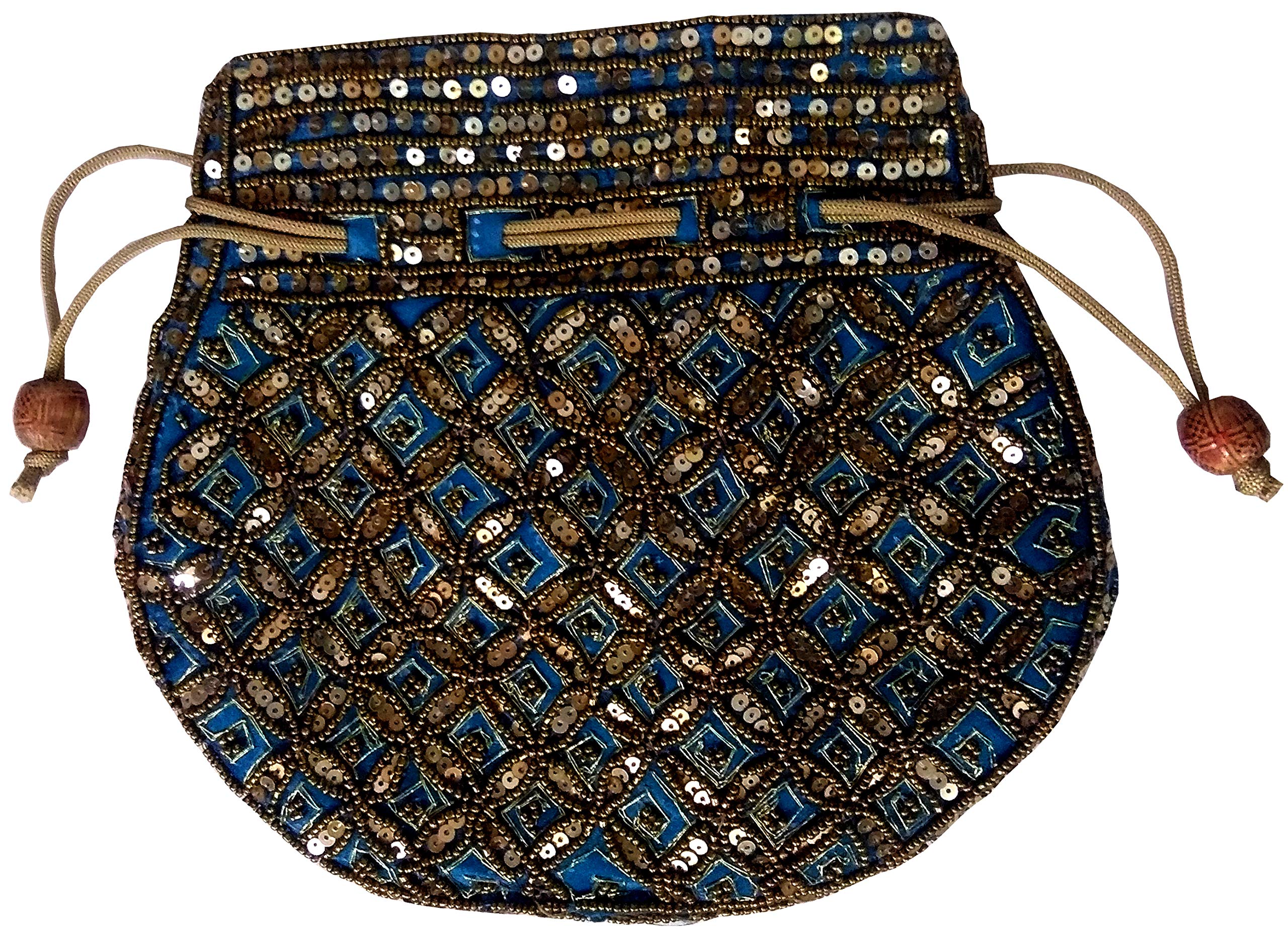 Purpledip Women's Potli Bag (Clutch, Drawstring Purse): Intricate Gold Thread & Sequin Embroidery Satchel, Firozi Turquoise (11806)