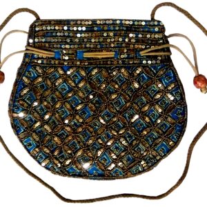 Purpledip Women's Potli Bag (Clutch, Drawstring Purse): Intricate Gold Thread & Sequin Embroidery Satchel, Firozi Turquoise (11806)