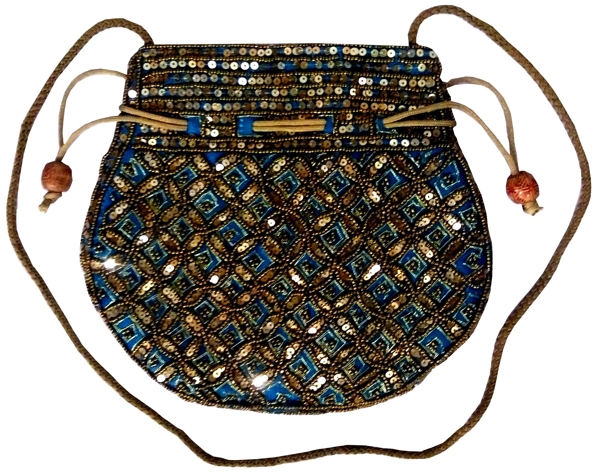 Purpledip Women's Potli Bag (Clutch, Drawstring Purse): Intricate Gold Thread & Sequin Embroidery Satchel, Firozi Turquoise (11806)