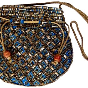 Purpledip Women's Potli Bag (Clutch, Drawstring Purse): Intricate Gold Thread & Sequin Embroidery Satchel, Firozi Turquoise (11806)