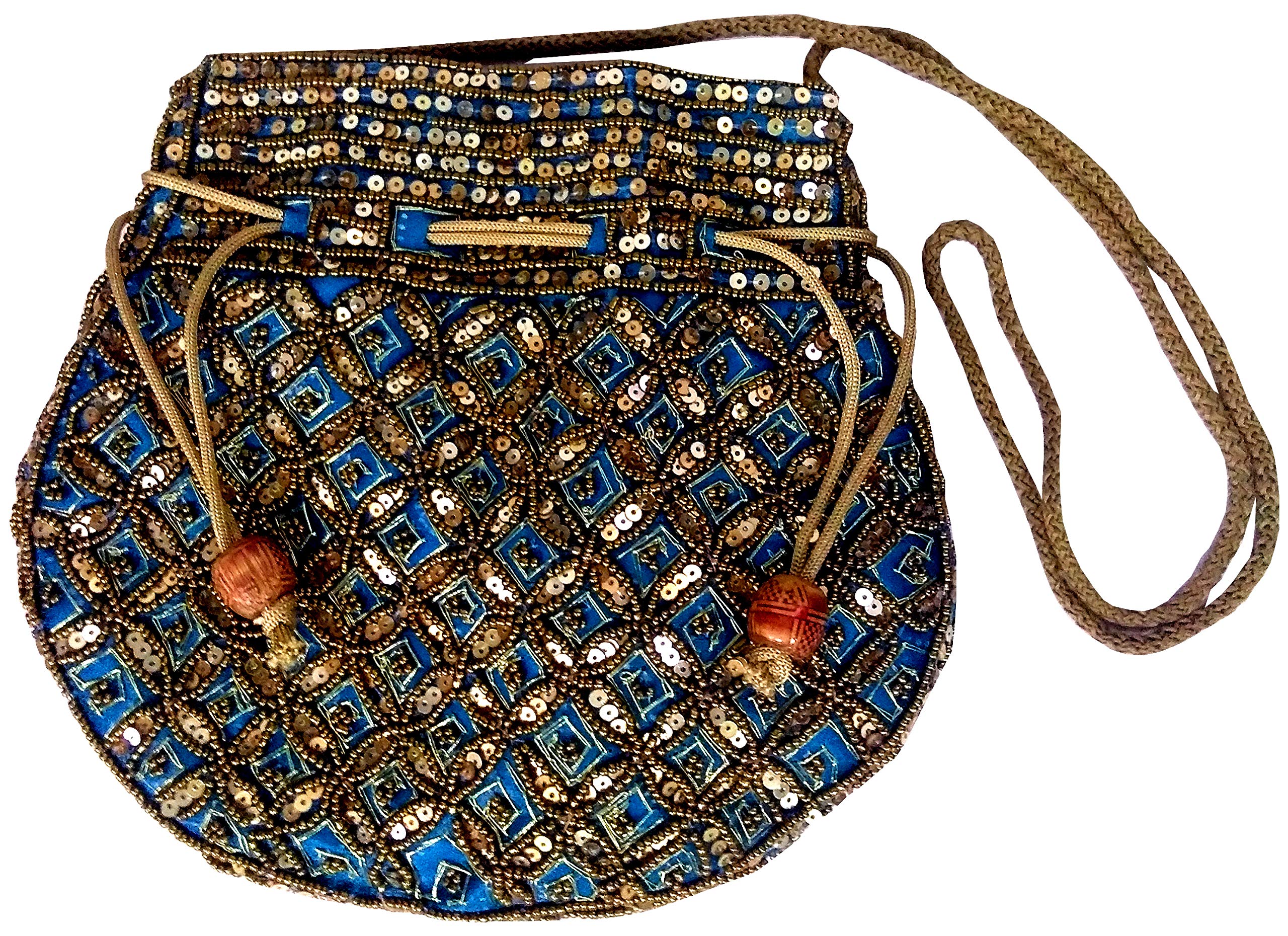 Purpledip Women's Potli Bag (Clutch, Drawstring Purse): Intricate Gold Thread & Sequin Embroidery Satchel, Firozi Turquoise (11806)