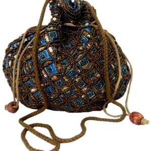 Purpledip Women's Potli Bag (Clutch, Drawstring Purse): Intricate Gold Thread & Sequin Embroidery Satchel, Firozi Turquoise (11806)