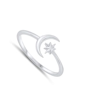 Dainty North Star Crescent Moon .925 Sterling Silver Band Size 6