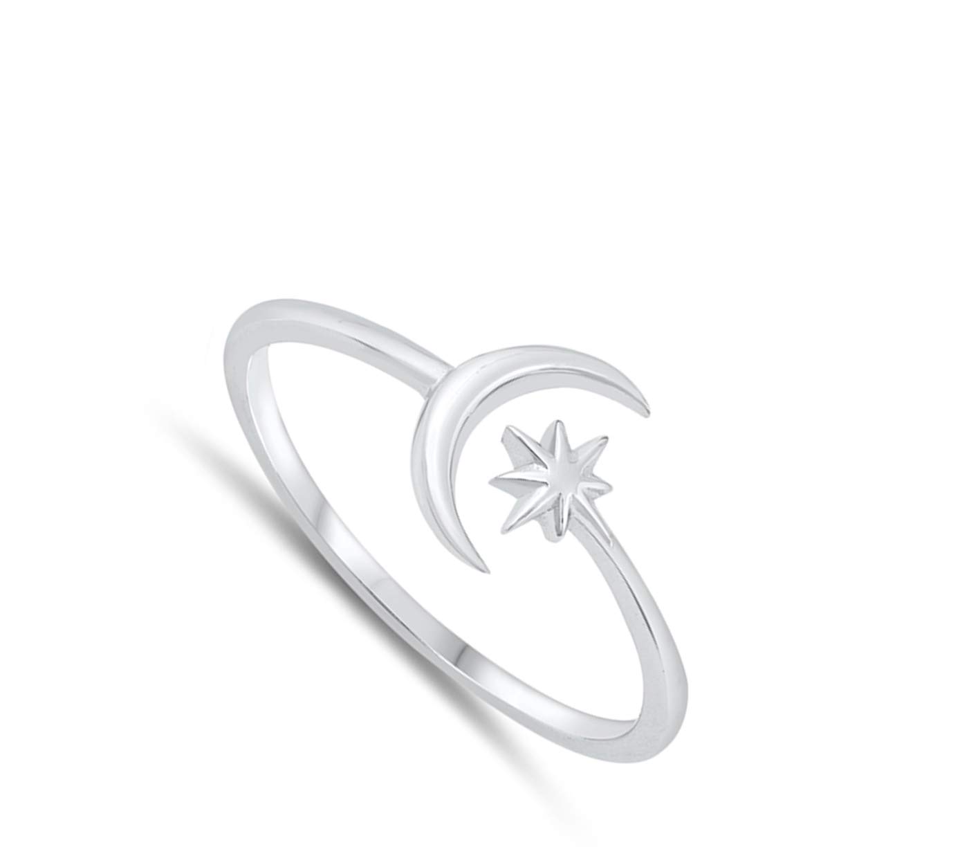 Dainty North Star Crescent Moon .925 Sterling Silver Band Size 6