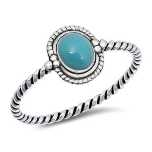 bali oxidized twist halo simulated turquoise ring 925 sterling silver rope band size 8