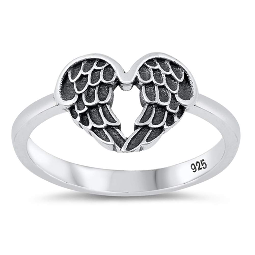 Fashion Oxidized Feather Promise Heart Angel Wing Ring New .925 Sterling Silver Band Size 6