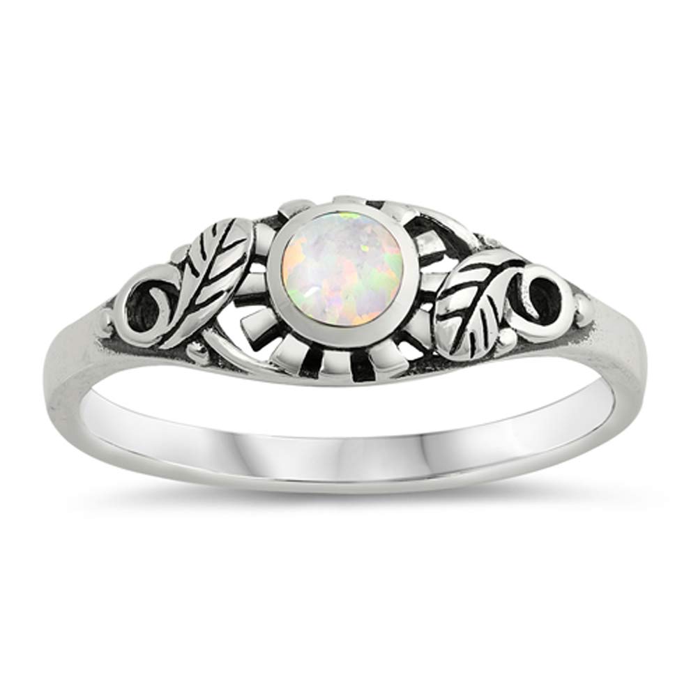 White Filigree Vine Leaf Simulated Opal Sun Classic Ring New .925 Sterling Silver Band Size 6