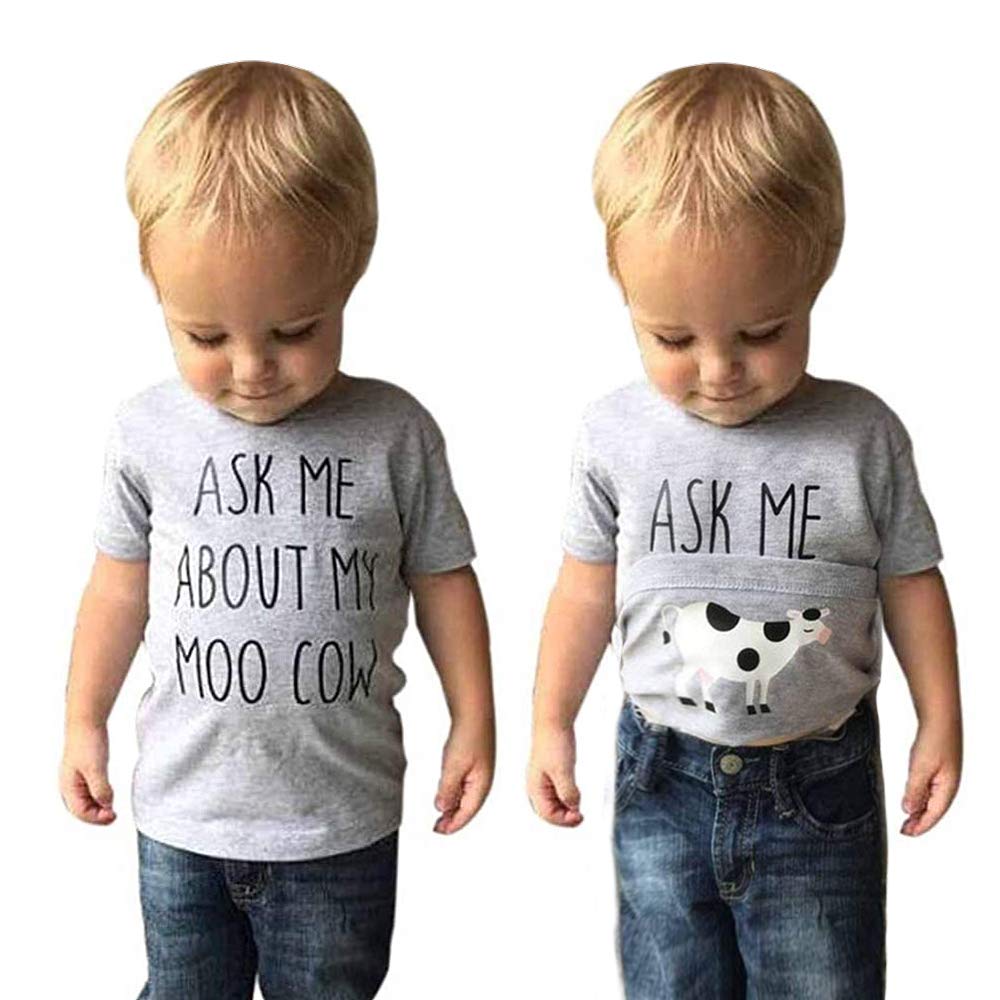 Baby Ask me About My moo Cow Shirt for Toddler Kids Baby Boys T-Shirt Cow Graphic Short Sleeve Summer Funny Tee Tops(Gray 1, 3-4T(110))