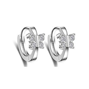 Cute Butterfly Sleeper Small Hoop Earrings Sterling Silver 925 CZ Crystal Huggie Cartilage Tragus Mini Hoops Earring Piecing Dainty Jewelry Gifts for Women Teen Girls (White Gold)