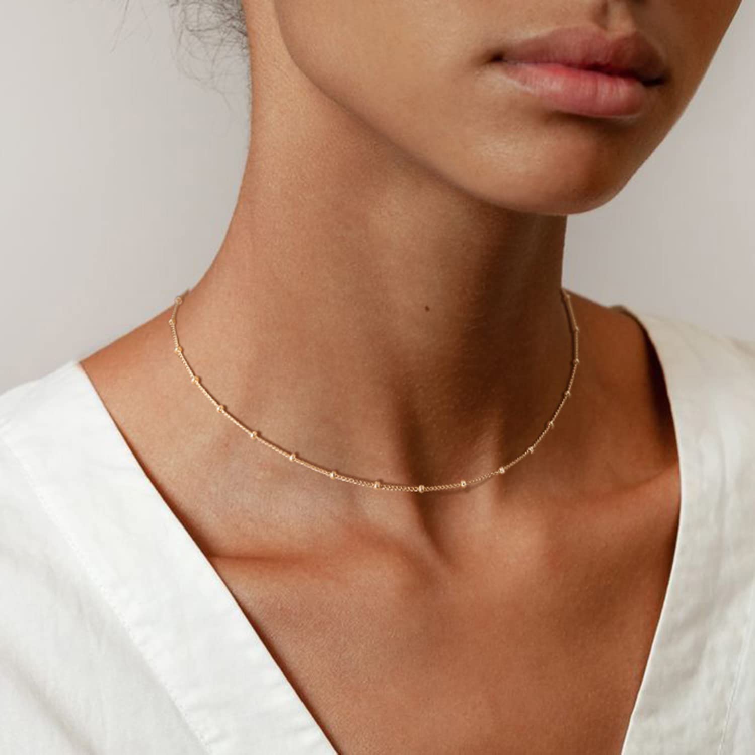 MEVECCO Gold Satellite Plain Chain Choker Necklace,Dainty Boho 14K Gold Plated Cute Tiny Beaded Chain Simple Minimalist Choker Necklace for Women