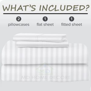 Extra Deep Pocket Sheets (4-Piece) 100% Egyptian Cotton 400 Thread Count Bed Sheet Set 22 inch Deep Pocket of Fitted Sheet with Elastic All Around (Queen, White Stripe)