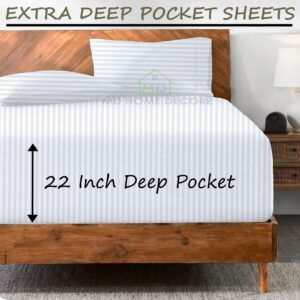 Extra Deep Pocket Sheets (4-Piece) 100% Egyptian Cotton 400 Thread Count Bed Sheet Set 22 inch Deep Pocket of Fitted Sheet with Elastic All Around (Queen, White Stripe)