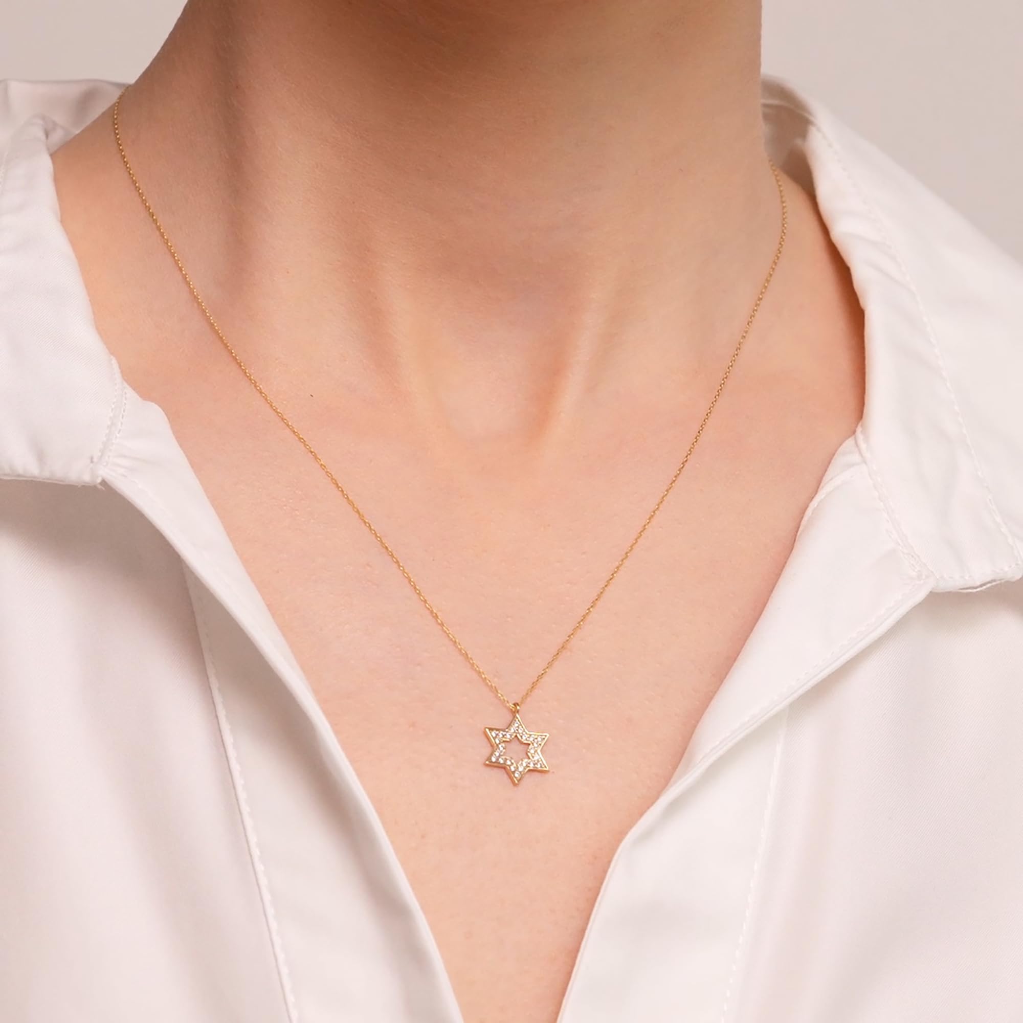 Star of David Necklace in 14K Solid Gold | Jewish Star Pendant Necklace in 14k Gold | Celestial Jewelry, 18"