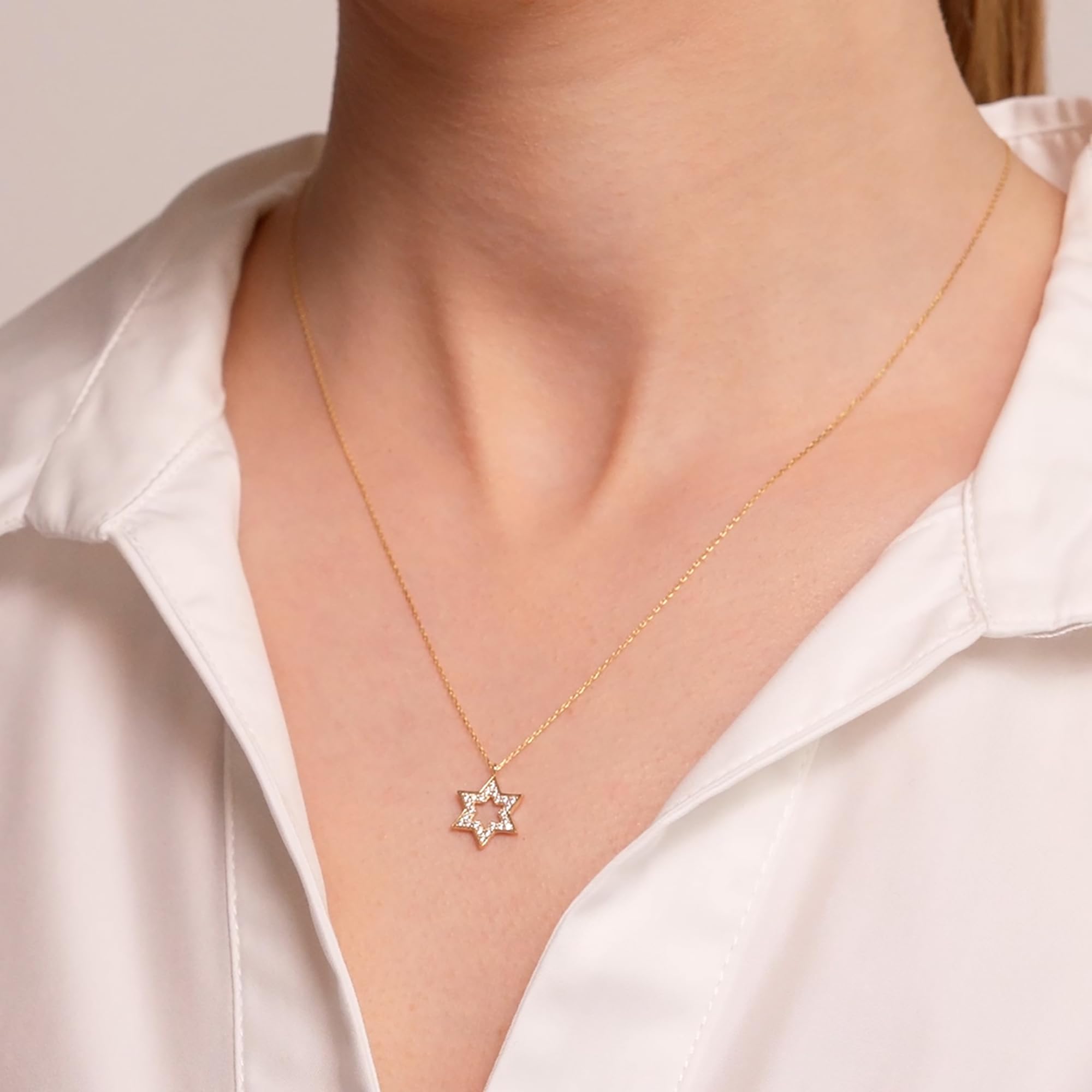 Star of David Necklace in 14K Solid Gold | Jewish Star Pendant Necklace in 14k Gold | Celestial Jewelry, 18"