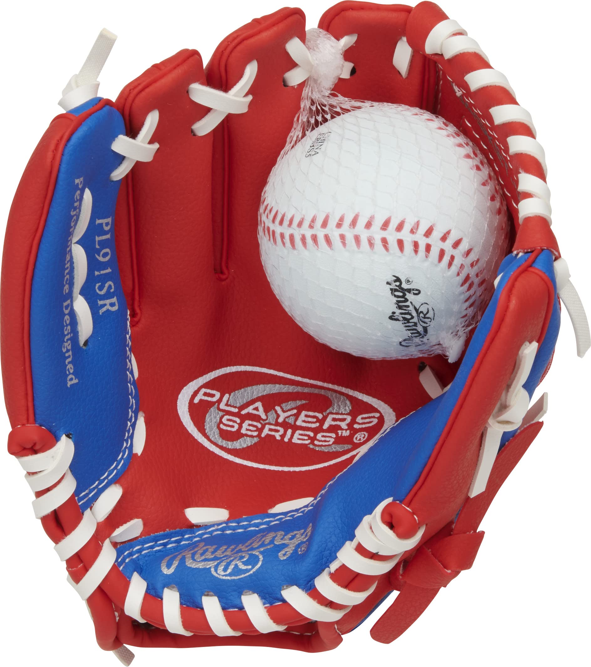 Rawlings | PLAYERS Series T-Ball & Youth Baseball Glove | Left Hand Throw | 9" | Red/Blue with Ball