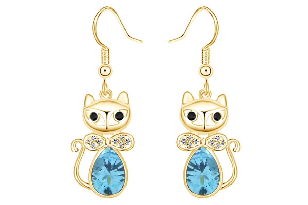 Mother's Day Jewelry Gift Pear Simulated Aquamarine & Black, White Cubic Zirconia Cute Cat Animal Drop Dangle Earrings In 14k Yellow Gold Over Sterling Silver