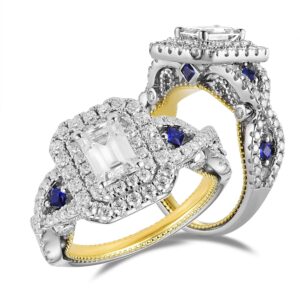 doveggs emerald cut moissanite engagement rings for women 2.4ctw center 5x7mm ghi moissanite vintage double halo wedding ring blue sapphire pave 14k gold quality sterling silver (8.5)