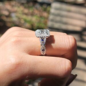 DovEggs Emerald Cut Moissanite Engagement Rings for Women 2.4ctw Center 5x7mm GHI Moissanite Vintage Double Halo Wedding Ring Blue Sapphire Pave 14k Gold QUALITY Sterling Silver (8.5)