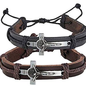 Christian Brands St Benedict Medal Crucifix Leather Bracelet, Set of 2