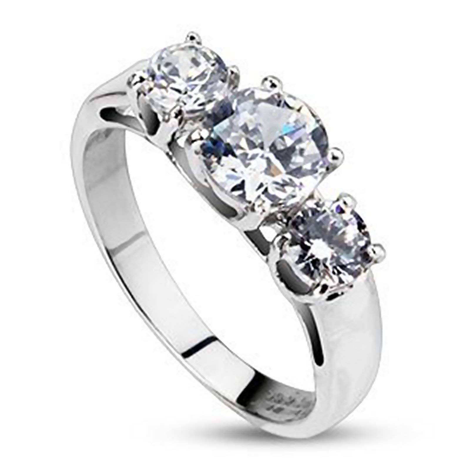 Fantasy Forge Jewelry Womens Three Stone Trellis Setting Cubic Zirconia Engagement Ring Wedding Band Stainless Steel Size 4.5