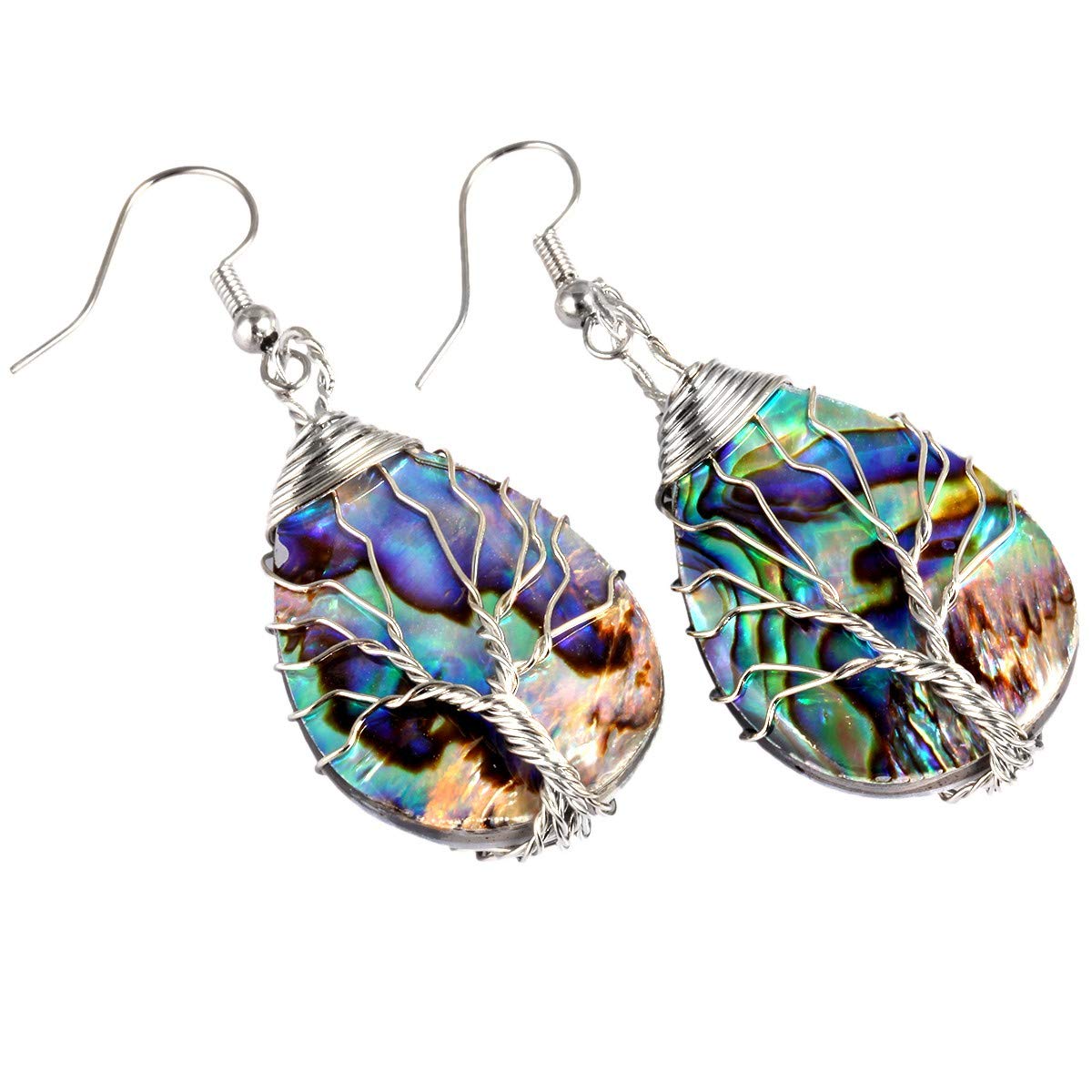 SUNYIK Rainbow Abalone Shell Stone Dangle Earrings for Women, Teardrop Silver Plated