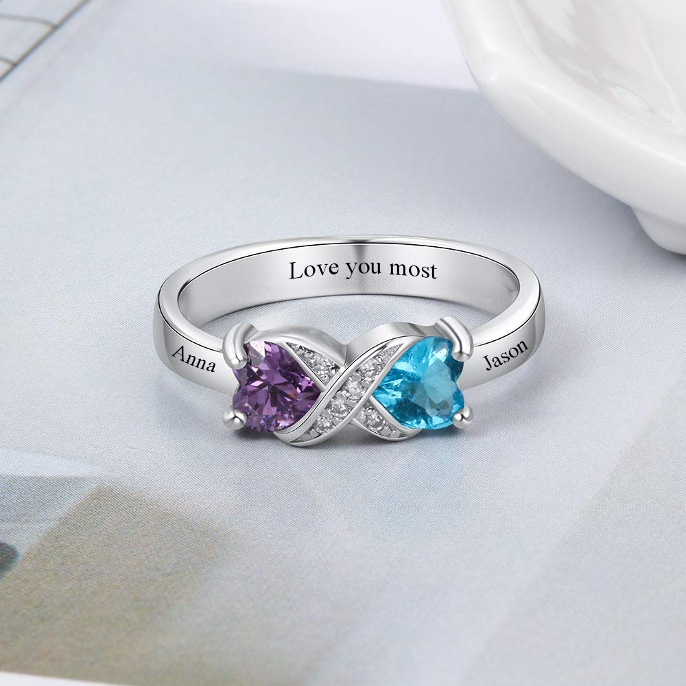 Tian Zhi Jiao Customized 2 Heart Simulated Birthstone Mothers Ring Engraved 2 Names Personalized Promise Ring for Women (6)