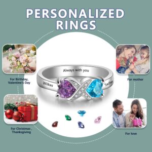 Tian Zhi Jiao Customized 2 Heart Simulated Birthstone Mothers Ring Engraved 2 Names Personalized Promise Ring for Women (6)