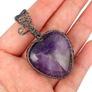 TUMBEELLUWA Heart Necklace Wire Wrapped Healing Crystal Pendant with Chain Charm Stone Jewelry for Women, Amethyst