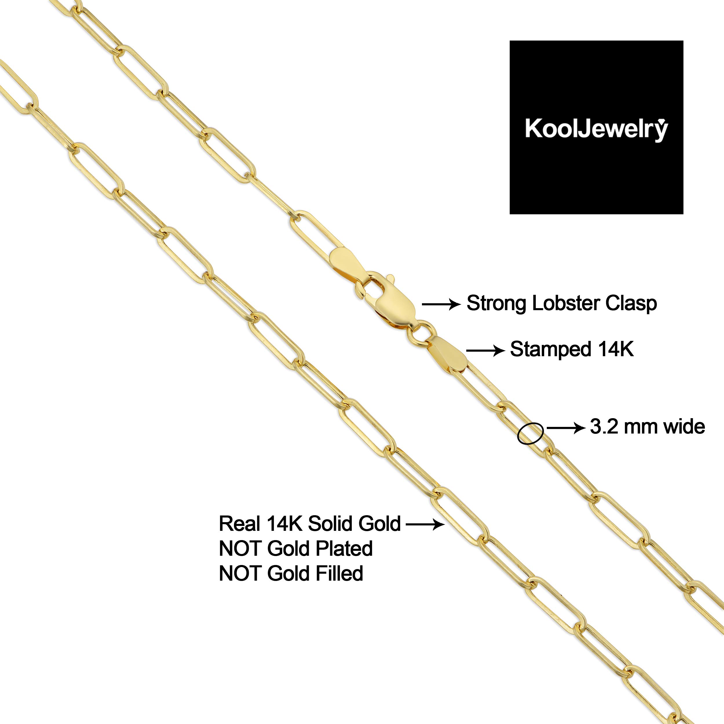 Kooljewelry 14k Yellow Gold 3.2 mm Polished Capsule Paperclip Chain Necklace (20 inch)