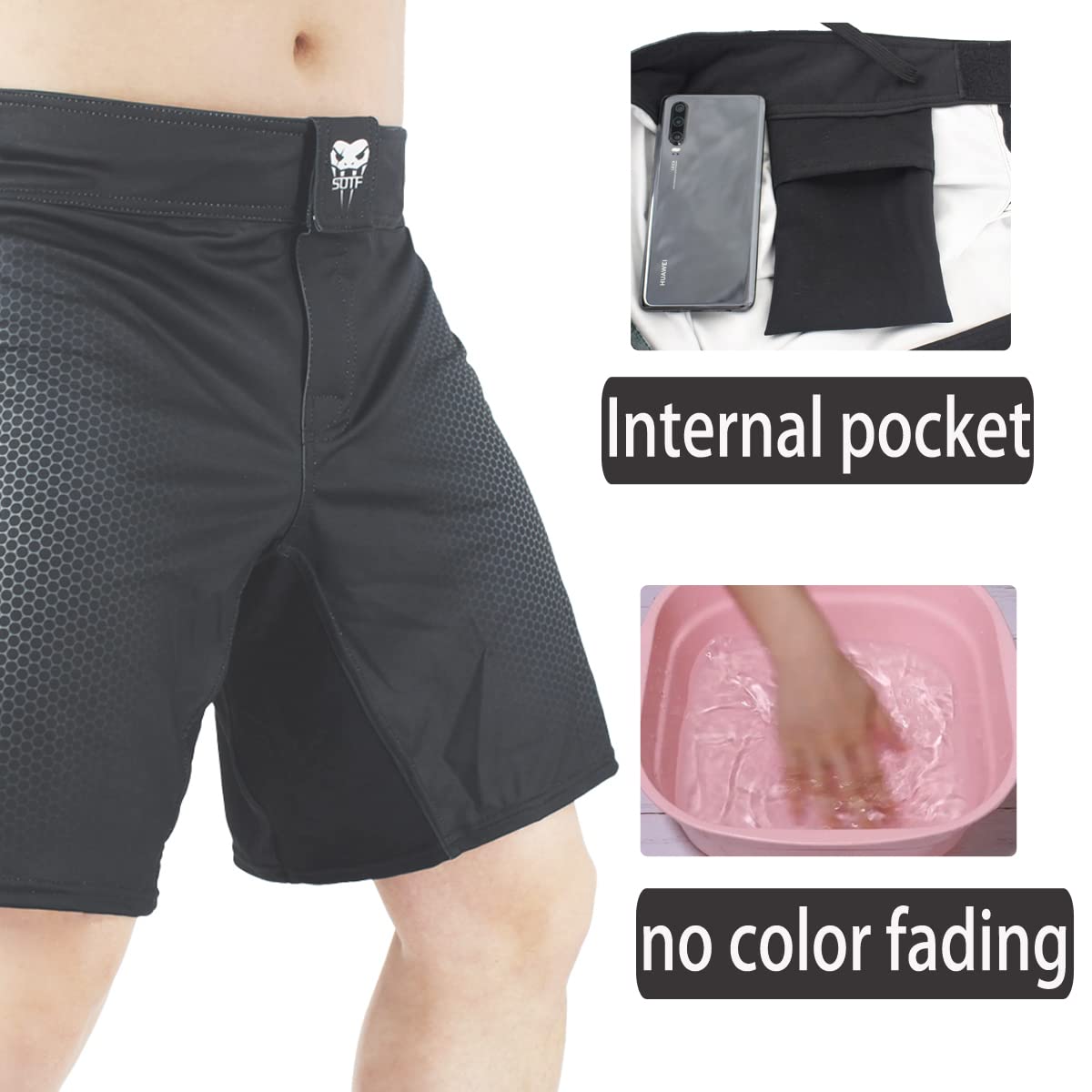 SOTF Boxing Shorts for Men Training Fight Shorts Men MMA BJJ Shorts No Gi with Pocket Black M Waist 33-34.6 inch