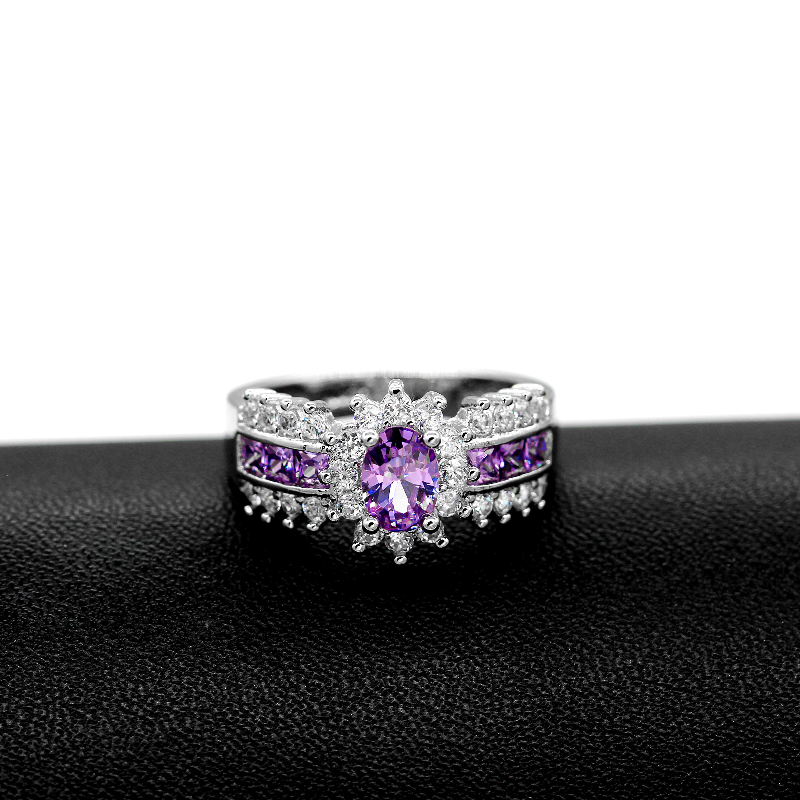 Uloveido Women Rhodium Plated Oval Cubic Zirconia Purple Promise Ring Wedding Party Jewelry For Her Bridal Bridesmaid (Size 9, Purple) J560