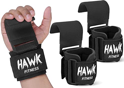 HWK Sports Weightlifting Hooks with Wrist Straps for Men & Women, Black, Padded Lifting Hooks with Heavy Duty Lifting Straps Ideal for Weightlifting, Bodybuilding & Powerlifting Weights up to 700lbs