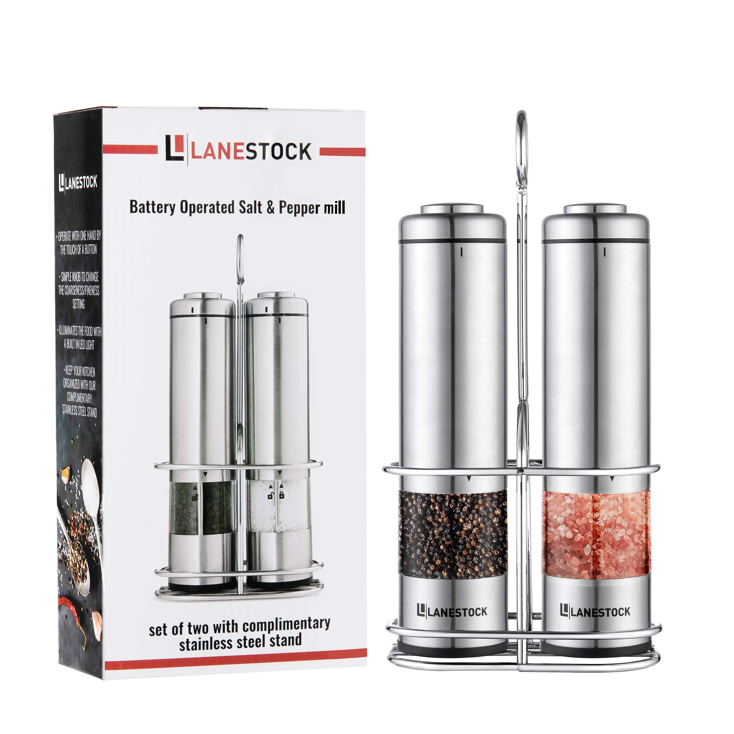 Electric Salt and pepper grinder by Lanestock - Combo set of battery operated stainless steel spice grinders with stand - LED light and adjustable knob on each mill - Powerful motor - long life-span