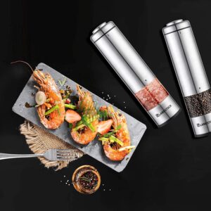 Electric Salt and pepper grinder by Lanestock - Combo set of battery operated stainless steel spice grinders with stand - LED light and adjustable knob on each mill - Powerful motor - long life-span