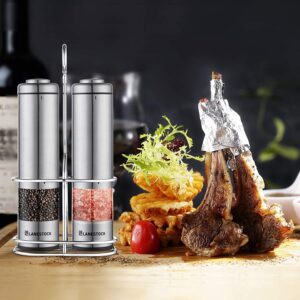 Electric Salt and pepper grinder by Lanestock - Combo set of battery operated stainless steel spice grinders with stand - LED light and adjustable knob on each mill - Powerful motor - long life-span